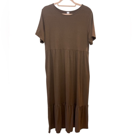 Anrabess crew neck flowy tiered maxi beach dress coffee brown large jersey knit - Picture 2 of 10